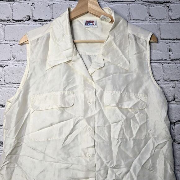 Vintage Backroad Blues 100% Silk Cream Button Up Sleeveless Blouse Size Large - Picture 2 of 10